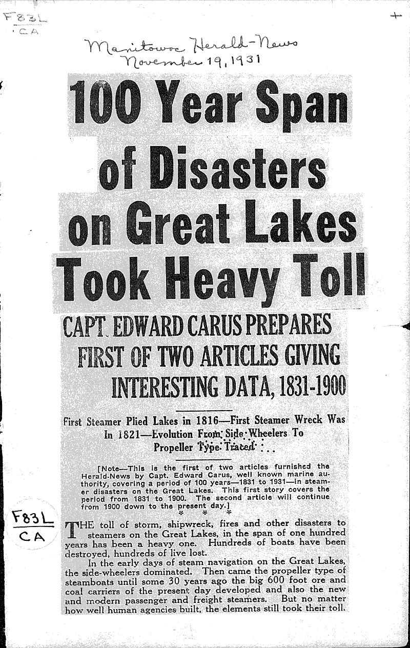100 year span of disasters of Great Lakes took heavy toll Source: Manitowoc Herald-News Topics: Transportation Date: 1931-11-19