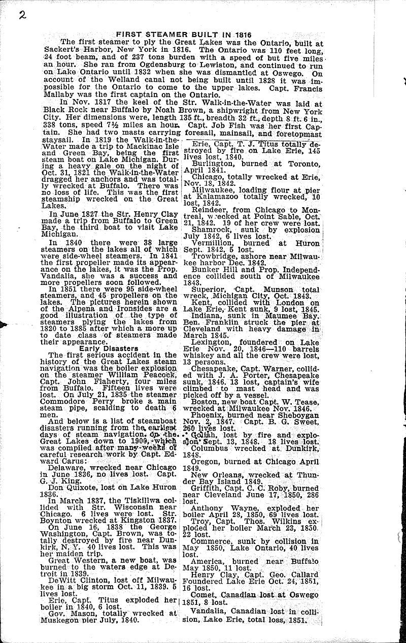 100 year span of disasters of Great Lakes took heavy toll Source: Manitowoc Herald-News Topics: Transportation Date: 1931-11-19