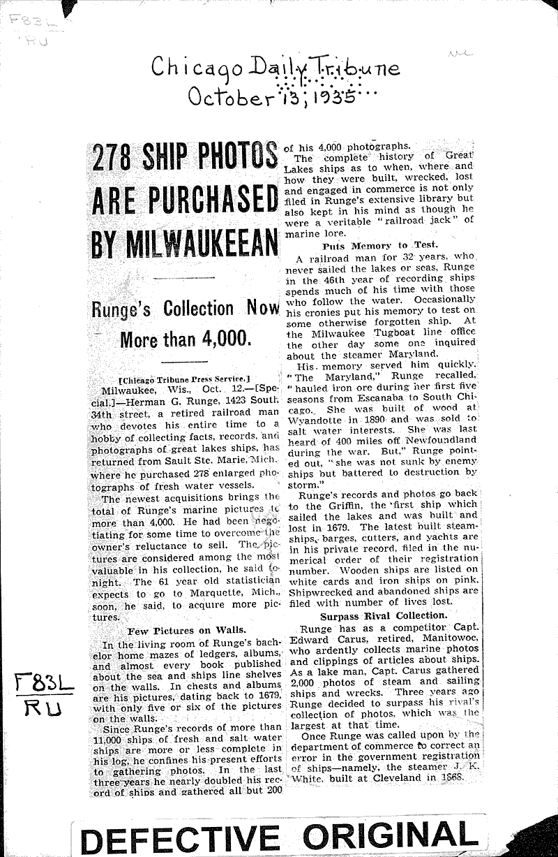 278 ship photos are purchased by Milwaukeean Source: Chicago Daily Tribune Topics: Transportation Date: 1935-10-13