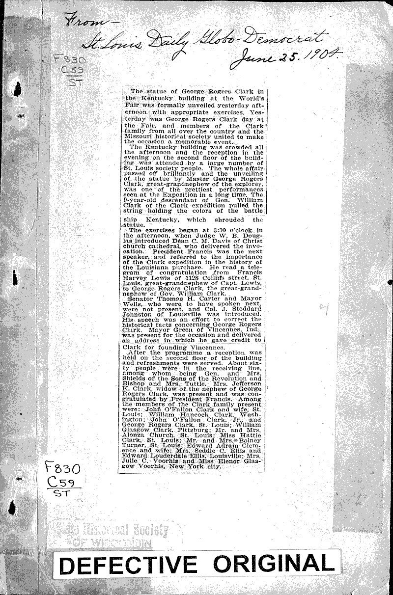 George Rogers Clark Statue Source: St. Louis Globe-Democrat Topics: Architecture Date: 1904-06-25