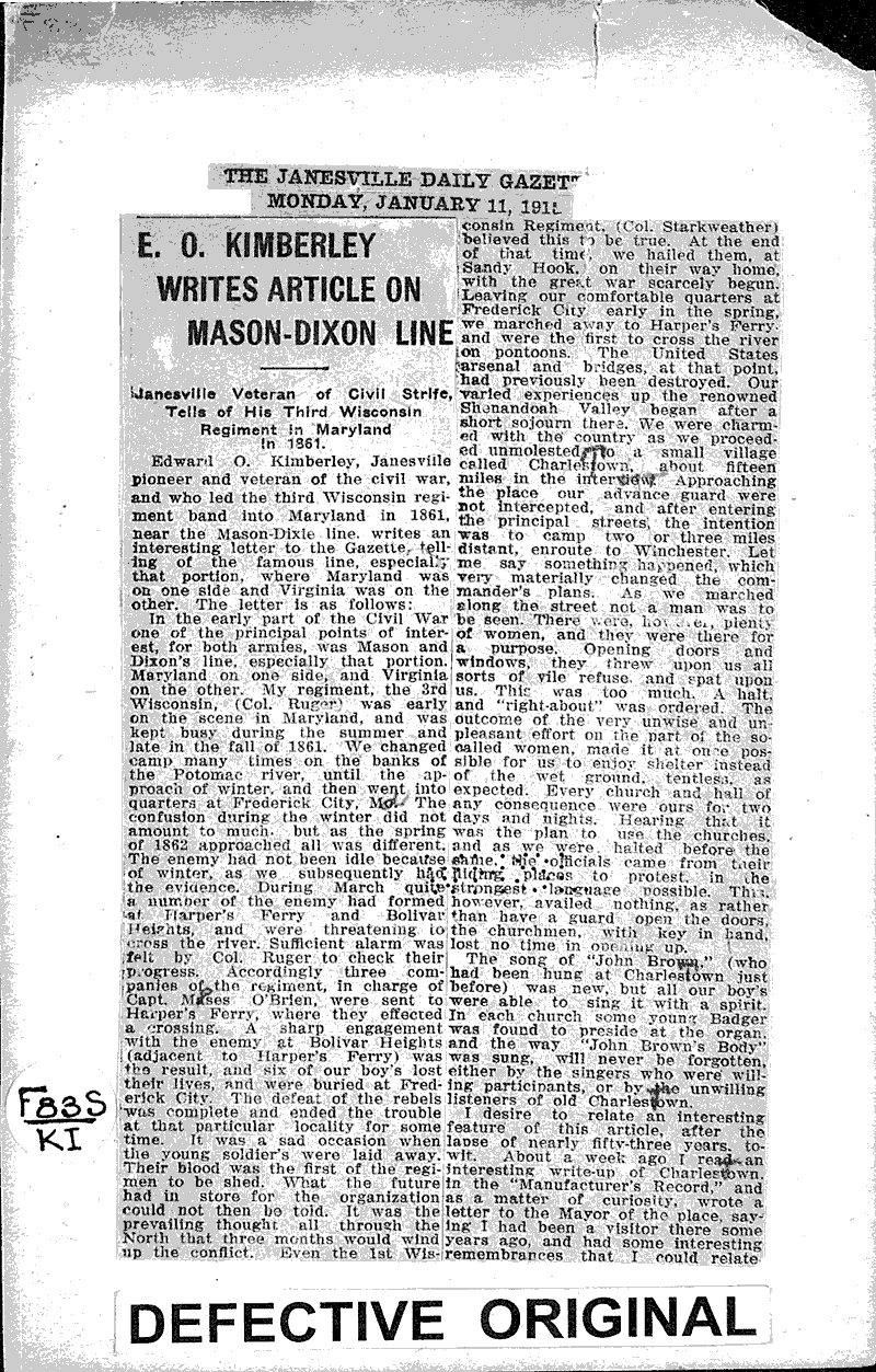 E. O. Kimberley writes articl on Mason-Dixon Line Source: Janesville Daily Gazette Topics: Civil War Date: 1911-01-11