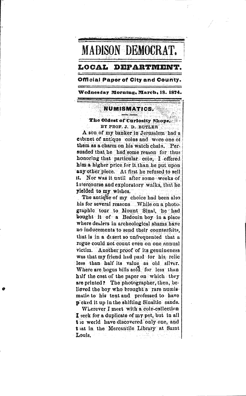 Numismatics Source: Madison Democrat Date: 1874-03-18