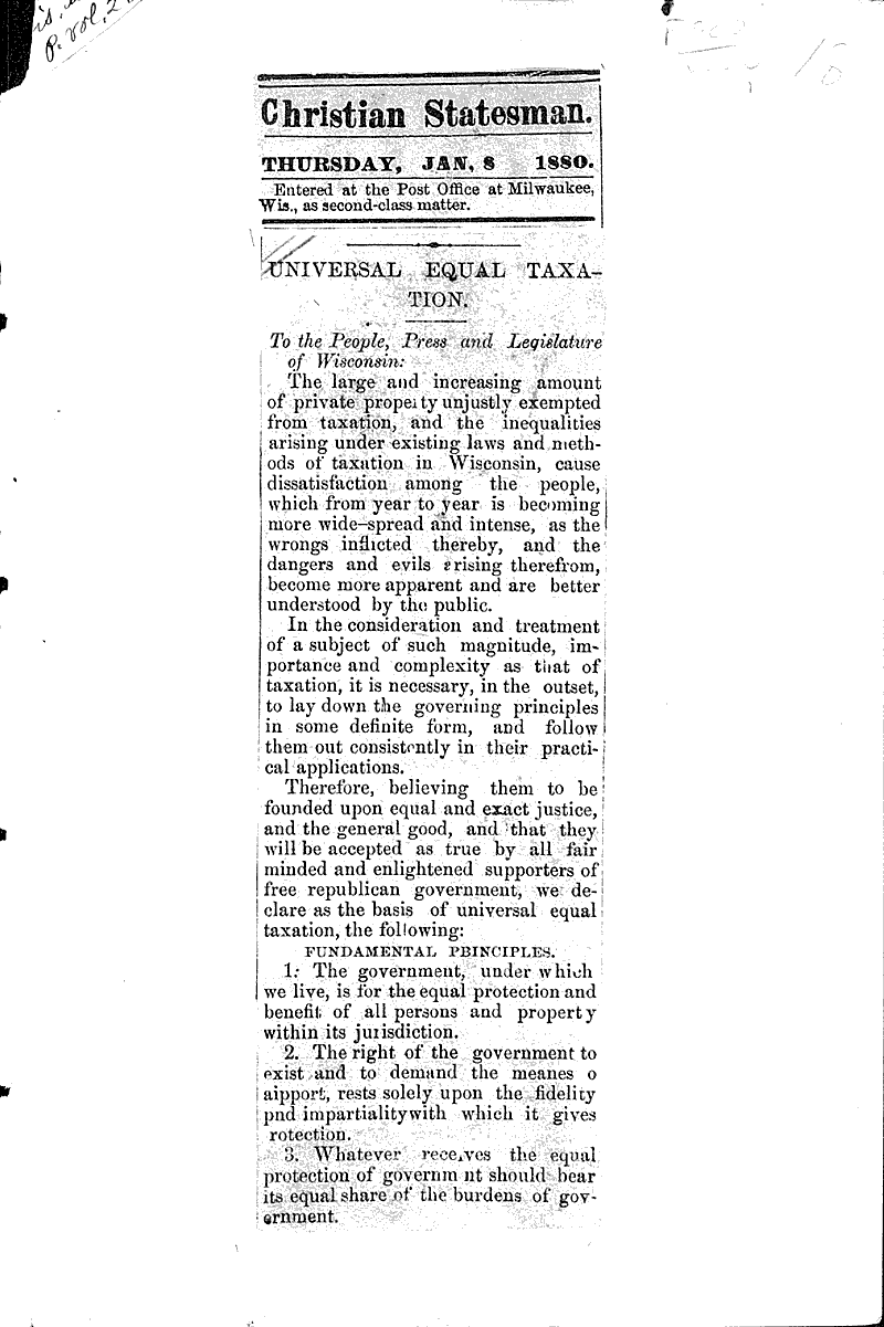 Universal equal taxation Topics: Social and Political Movements Date: 1880-01-08